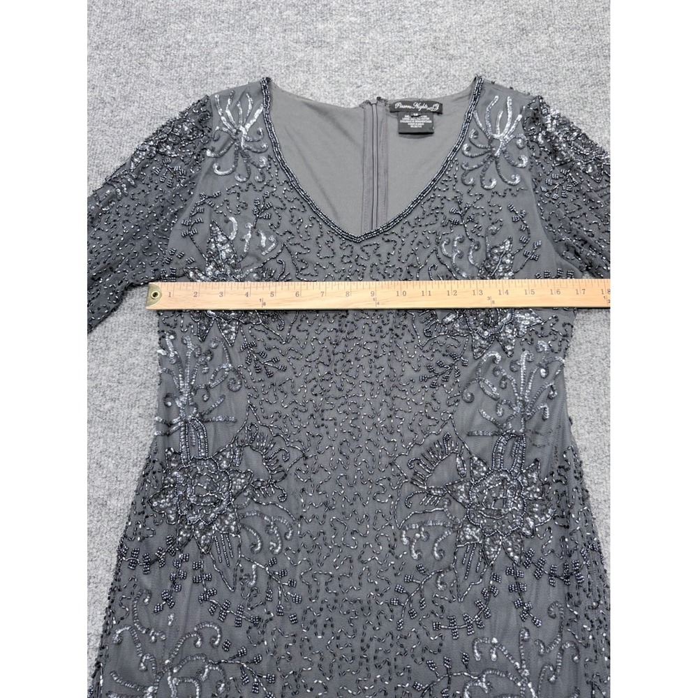 Pisarro‎ Nights Womens Size 12 Beaded Floral Mesh Dress Grey V-Neck 3/4 Sleeve - Picture 4 of 10